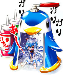  =_= barefoot bird blue_dress blue_eyes blue_hair blush bottle bow bowtie cirno closed_eyes commentary_request dress facing_viewer female food food_print hairbow ice ice_shaver ice_wings mini_person minigirl open_mouth own_hands_together penguin photoshop_(medium) red_bow red_bowtie shaved_ice short_hair short_sleeves simple_background sitting soles solo strawberry_print syrup themed_object touhou v_arms white_background wings yyukke 