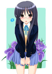  :o akatsuki_(akatsukishiki) black_hair blazer brown_eyes commentary_request extra female flower glasses highres iris_(flower) jacket k-on! long_hair sakuragaoka_high_school_uniform school_uniform solo sweater_vest takahashi_fuuko 