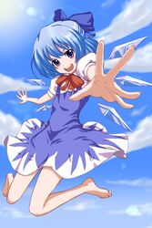  :d barefoot blue_bow blue_dress blue_eyes blue_hair bow cirno commentary_request dress female flying hairbow hands open_mouth outstretched_hand partial_commentary short_hair smile solo touhou tsukikase wings 