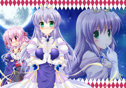  2girls breasts commentary_request crown elbow_gloves estel_freesia feena_fam_earthlight fujimoto_akio gloves green_eyes large_breasts light_purple_hair long_hair moon multiple_girls night night_sky photoshop_(medium) pink_eyes pink_hair princess sky yoake_mae_yori_ruri_iro_na 