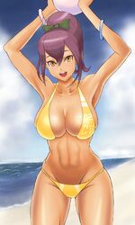  :d arms_up bad_id bad_pixiv_id ball beach bikini bow bracelet breasts cleavage commentary_request cowboy_shot day female green_bow hairbow highres ibuki_imina jewelry large_breasts looking_at_viewer open_mouth ponytail purple_hair school_girl_strikers shigatsugata smile solo swimsuit yellow_bikini yellow_eyes 