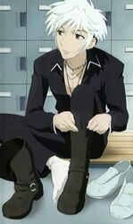  1boy boots brown_eyes fruits_basket locker locker_room male_focus necklace sitting souma_hatsuharu two-tone_hair 