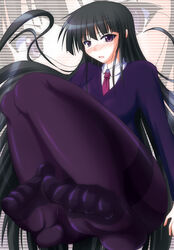  black_hair blunt_bangs blush feet female girlfriend_(houkago_play) houkago_play long_hair no_shoes pantyhose photoshop_(medium) school_uniform solo zoom_layer 