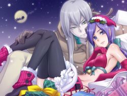  1boy animal aono_miki arm_warmers bare_shoulders bell belt bishounen black_legwear blue_eyes blue_hair christmas coat collarbone commentary_request couple detached_sleeves eyelashes female fresh_precure! full_moon fur_trim gloves gradient_background green_eyes grey_hair hair_ornament happy head_tilt holly leg_warmers long_hair long_sleeves looking_at_viewer midriff moon navel pale_skin petite precure reindeer ribbon say_(sakabin) shirt silhouette sky smile smirk snow souler_(fresh_precure!) star_(sky) starry_sky straight thighhighs thighs zettai_ryouiki 