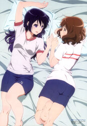  2girls absurdres barefoot brown_eyes brown_hair feet gym_shorts gym_uniform hibike!_euphonium highres kousaka_reina long_hair lying multiple_girls official_art on_back on_side open_mouth oumae_kumiko pillow pinky_swear profile purple_eyes purple_hair satou_tatsuya scan short_hair shorts smile soles toes yuri 