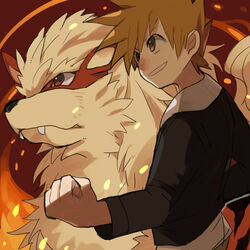  1boy arcanine blue_oak brown_eyes brown_hair clenched_hand commentary_request fire fur grin long_sleeves looking_away nora_(norabox) pokemon pokemon_(creature) pokemon_rgby shirt smile spiked_hair standing 