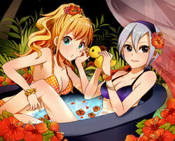  2girls aqua_eyes bath bathtub bikini breasts cleavage commentary_request flower grey_eyes grey_hair hair_flower hair_ornament hibiscus hino_akane_(idolmaster) idolmaster idolmaster_cinderella_girls long_legs looking_at_viewer masaki_(celesta) medium_breasts multiple_girls rubber_duck same-sex_bathing shared_bathing shiomi_syuko smile swimsuit 