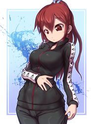  black_jacket black_pants breast_conscious breasts brown_eyes commentary_request female free! highres jacket large_breasts long_hair matsuoka_gou pants ponytail red_eyes solo track_jacket track_pants track_suit you_naka 