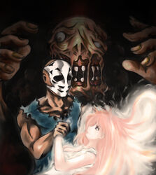  2boys bald couple ebi_tendon female jennifer jennifer_willis long_hair mask multiple_boys muscle pixiv_thumbnail resized rick_(splatterhouse) rick_taylor splatterhouse torn_clothes 