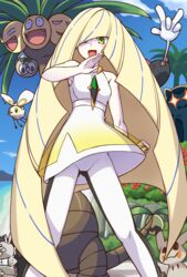  alolan_exeggutor alolan_raticate blonde_hair breasts commentary_request cutiefly dress female green_eyes hair_over_one_eye long_hair lusamine_(pokemon) mimikyu ojou-sama_pose open_mouth pokemon pokemon_(creature) pokemon_sm pyukumuku rowlet small_breasts snorlax tsunaso_(lack_of_sunlight) very_long_hair 