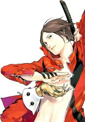  1boy apollo_(persona_2) artist_request brown_eyes brown_hair hood katana looking_at_viewer male_focus open_clothes persona persona_2 persona_2_batsu solo suou_tatsuya suou_tatsuya_(persona_2_batsu) sword weapon 