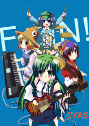  4girls band bass_guitar cagayake!_girls_pose commentary_request drum drum_set electric_guitar fender_jazz_bass gibson_les_paul guitar highres instrument k-on! kawashiro_nitori kazuta_(kazutan62) keyboard_(instrument) kochiya_sanae moriya_suwako multiple_girls parody style_parody touhou two_side_up yasaka_kanako 