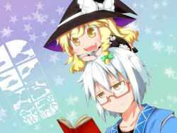  1boy blonde_hair book chibi chibi_on_head commentary_request female glasses hat hat_ribbon kirisame_marisa long_hair morichika_rinnosuke new_super_marisa_land on_head ribbon shiro9jira star_(symbol) touhou white_hair window witch_hat yellow_eyes 