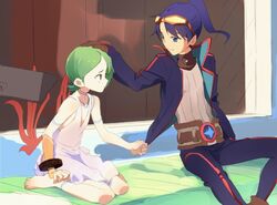  1boy bad_id bad_pixiv_id bare_shoulders barefoot belt bracelet breath_of_fire breath_of_fire_v dress facial_mark feet female full-body_tattoo green_hair izumi_(ko8) jewelry nina_(breath_of_fire_v) red_wings ryuu_(breath_of_fire_v) short_hair tattoo white_dress wings 