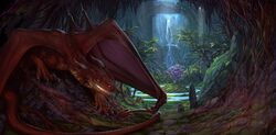  aaros amazing_background ambiguous_gender cave claws curved_horn day detailed detailed_background detailed_scales dragon feral hi_res horn membrane_(anatomy) membranous_wings mythological_creature mythological_scalie mythology nude open_mouth red_body red_scales scales scalie smooth_horn solo tail teeth tongue water waterfall wings 