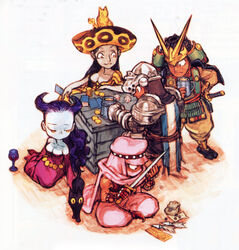  agathe_(gaia_master) arabian_clothes armor beer big_hat black_cat blue_skin cleavage dagger dice feline gaia_master gambling game hat long_hair nishimura_kinu official_art samurai samurai_clothes yellow_cat yellow_eyes 