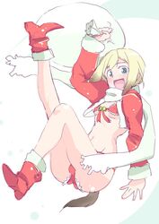  bikini blonde_hair boots christmas commentary_request dog_girl dog_tail erica_hartmann female santa_bikini santa_costume scarf short_hair solo strike_witches swimsuit tail touge_hiro world_witches_series 