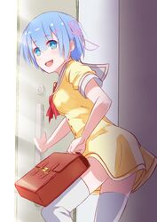  bad_id bad_pixiv_id bag blue_eyes blue_hair briefcase contemporary dress female hair_ornament neckerchief open_door pink_ribbon re:zero_kara_hajimeru_isekai_seikatsu rem_(re:zero) ribbon ribbon_trim sailor_collar sailor_dress school_bag school_briefcase school_uniform serafuku short_dress short_hair short_sleeves solo thighhighs tochibi white_thighhighs x_hair_ornament yellow_dress 