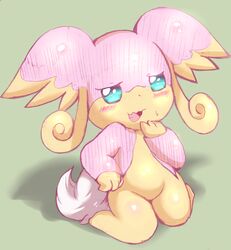  anthro audino biped blush female generation_5_pokemon green_background kneeling looking_at_viewer nintendo open_mouth pokemon pokemon_(species) simple_background solo tokemaru 