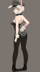  animal_ears ass back-seamed_legwear bare_shoulders black_pantyhose blush breasts commentary_request em_(totsuzen_no_hakike) female grey_background grey_eyes hat huberta_von_bonin large_breasts leotard military_hat pantyhose playboy_bunny rabbit_ears rabbit_tail seamed_legwear short_hair simple_background smile solo standing tail white_hair world_witches_series wrist_cuffs 