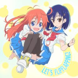  2girls ahoge barefoot blue_eyes blue_hair brown_eyes commentary_request english_text engrish_text flip_flappers flip_flappers&#039;s_school_uniform hair_ornament hairclip hands_on_another&#039;s_knees highres kokomine_cocona long_hair multiple_girls open_mouth orange_hair papika_(flip_flappers) ranguage red_star_(toranecomet) school_uniform serafuku short_hair smile thighhighs wristband 