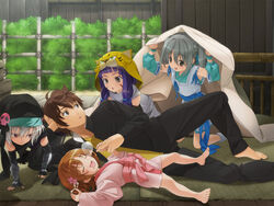  1boy 4girls :3 :d :o animal_hood barefoot blue_hair brown_eyes brown_hair bush closed_eyes commentary_request d: detached_sleeves facial_mark fingerless_gloves gakuran gloves grey_hair hachisuka_goemon hood japanese_clothes kimono maeda_inuchiyo multiple_girls namiki_system nene_(oda_nobuna_no_yabou) ninja nose_bubble oda_nobuna_no_yabou onmyouji open_mouth ribbon ribbon-trimmed_sleeves ribbon_trim sagara_yoshiharu school_uniform short_kimono short_yukata smile takenaka_hanbee_(oda_nobuna_no_yabou) tiger_hood under_covers yukata 