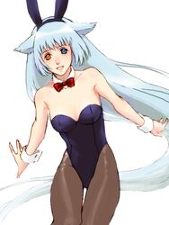  animal_ears blue_eyes blue_hair commentary_request dog_ears female heterochromia long_hair orange_eyes original pantyhose playboy_bunny rabbit_ears sankyou solo 