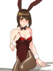  animal_ears brown_eyes brown_hair commentary_request female long_hair original pantyhose playboy_bunny rabbit_ears sankyou sitting solo 