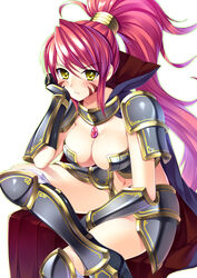  armor blush breasts bucchake_(asami) cheek_press cleavage commentary_request facial_mark female gauntlets highres large_breasts long_hair oda_nobunaga_(sengoku_otome) ponytail red_hair sengoku_otome simple_background solo yellow_eyes 