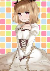  bad_id bad_pixiv_id between_legs blonde_hair bow buttons choker closed_mouth commentary_request corset dress eyebrows female frilled_dress frills hairbow hand_between_legs highres iijima_yun long_sleeves looking_at_viewer new_game! puffy_sleeves red_eyes sitting smile solo sweatdrop tanuki_(siutkm0228) two_side_up 