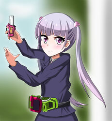  belt commentary_request crossover female gamer_driver henshin henshin_pose highres kamen_rider kamen_rider_ex-aid_(series) kuromi_(kuromityuntyun) long_hair new_game! parody pose purple_eyes purple_hair rider_belt solo suzukaze_aoba twintails 