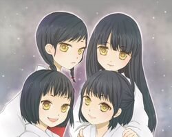  4girls bad_id bad_pixiv_id black_hair braid fatal_frame fatal_frame_3 hair_ornament japanese_clothes kuze_amane kuze_hisame kuze_minamo kuze_shigure long_hair miko multiple_girls natsuo_(mari_n6s) short_hair twin_braids yellow_eyes 