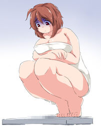  ahoge banned_artist bathroom_scale breasts brown_hair censored eno_konoe eyebrows gradient gradient_background large_breasts mikomu mosaic_censoring naked_towel original plump red_eyes short_hair simple_background solo squatting thick_eyebrows tiptoes towel turn_pale weighing_scale weight_conscious 