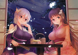  2girls :o bad_id bad_pixiv_id blunt_bangs blush breasts brown_eyes brown_hair butterfly_hair_ornament cloud commentary_request covered_nipples cup detached_sleeves eyebrows floral_print food fusou_(warship_girls_r) hair_between_eyes hair_ornament hair_over_shoulder hand_fan hand_in_own_hair highres holding holding_fan huge_breasts japanese_clothes jing kanzashi kimono leaf long_hair looking_at_another looking_at_viewer low_twintails moon multiple_girls night night_sky obi onigiri open_mouth petals photoshop_(medium) red_eyes sash sitting sky sliding_doors steam table tree twintails very_long_hair warship_girls_r white_hair wide_sleeves yamashiro_(warship_girls_r) 