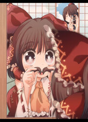  2girls :q bad_id bad_pixiv_id bow brown_eyes brown_hair camera cream_(nipakupa) detached_sleeves facial_hair fake_facial_hair fake_mustache hair_mustache hairbow hakurei_reimu hat letterboxed mirror multiple_girls paparazzi playing_with_hair playing_with_own_hair reflection shameimaru_aya short_hair tokin_hat tongue tongue_out touhou 