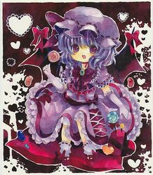  :d bat_wings blue_hair bow_on_wing candy commentary_request female food hat jelly_bean jpeg_artifacts mob_cap niko_(2ars) open_mouth painting_(medium) purple_eyes red_eyes remilia_scarlet smile solo touhou traditional_media watercolor_(medium) wings 