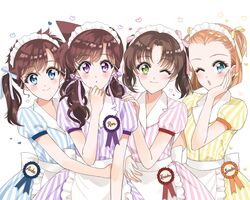  4girls :o ;) ;o alternate_hairstyle apron arch_lapin arm_around_waist award_ribbon blue_dress blue_eyes blue_ribbon brown_hair character_name closed_mouth collared_dress commentary creator_connection cursive dress flower frilled_apron frills green_eyes hair_pulled_back hair_ribbon hair_up hand_on_another&#039;s_shoulder hand_on_own_cheek hand_on_own_face head_tilt heart highres hug light_brown_hair long_hair looking_at_viewer low_twintails magic_kaito maid_headdress medium_dress medium_hair meitantei_conan mouri_ran multiple_girls nakamori_aoko one_eye_closed open_mouth parted_bangs parted_lips pink_dress pink_flower pink_rose puffy_short_sleeves puffy_sleeves purple_dress purple_eyes purple_ribbon ribbon rose short_hair short_sleeves short_twintails simple_background smile standing striped_clothes striped_dress suzuki_sonoko tooyama_kazuha twintails twintails_day vertical-striped_clothes vertical-striped_dress waist_apron waitress white_apron white_background yellow_dress yellow_ribbon 