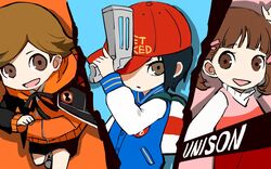  2boys amada_ken baseball_cap black_hair brown_eyes brown_hair commentary_request doujima_nanako dress female gun hat hatomugi_gohan hood hoodie jacket letterman_jacket lolicon multiple_boys oda_shinya parody persona persona_3 persona_4 persona_5 persona_q2:_new_cinema_labyrinth persona_q_(series) red_headwear short_hair short_twintails smile split_screen striped_clothes striped_dress twintails weapon 