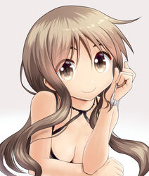  absurdres bare_arms bare_shoulders blush breasts brown_background brown_eyes brown_hair cleavage closed_mouth commentary_request earbuds earphones female gradient_background hair_between_eyes hand_up head_tilt highres holding holding_earphones long_hair looking_at_viewer matsumoto_yoriko sleeveless small_breasts smile solo taka_(takahirokun) white_background yuyushiki 