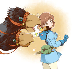  bird breasts brown_eyes brown_hair commentary creature dress female gloves highres horseclaw kai_(kaze_no_tani_no_nausicaa) kaze_no_tani_no_nausicaa knife kui_(kaze_no_tani_no_nausicaa) nanami_(fuku) nausicaa open_mouth short_hair teto_(nausicaa) 