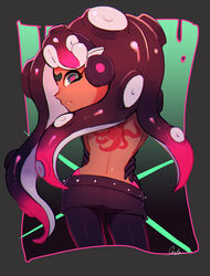  alternate_costume aqua_eyes back back_tattoo bare_back black_gloves black_pantyhose black_shorts brown_hair commentary_request coula_cat dark-skinned_female dark_skin female furrowed_brow gloves gradient_hair headphones highres long_hair marina_(splatoon) mole mole_under_mouth multicolored_hair octoling panties pantyhose pantyhose_under_shorts parted_lips photoshop_(medium) pink_hair pink_panties pink_pupils shorts solo splatoon_(series) splatoon_2 suction_cups tattoo tentacle_hair thong two-tone_hair underwear 