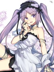  bare_shoulders collarbone commentary_request euryale_(fate) fate/grand_order fate/hollow_ataraxia fate_(series) female finger_to_cheek garter_straps long_hair looking_at_viewer nikame purple_eyes purple_hair solo thighlet thighs twintails 