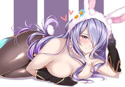  animal_ears bare_shoulders black_gloves blush breasts camilla_(fire_emblem) camilla_(spring)_(fire_emblem) cleavage commentary_request detached_collar female fire_emblem fire_emblem_fates fire_emblem_heroes gloves hair_over_one_eye heart jiino large_breasts light_purple_hair long_hair looking_at_viewer lying official_alternate_costume on_side pantyhose playboy_bunny purple_background purple_eyes rabbit_ears rabbit_tail skin_tight smile solo tail topless two-tone_background white_background 