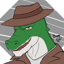  1:1 alligator alligatorid bunnyfeet bust_portrait clothing cregon crocodile crocodilian crocodylid fedora hat headgear headwear hi_res looking_at_viewer open_mouth portrait reptile scalie simple_background solo topcoat 