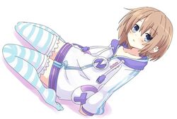  :d blanc_(neptunia) blue_eyes blush breasts brown_hair cleavage commentary_request cosplay female full_body hair_between_eyes hood hooded_jacket iwashi_dorobou_-r- jacket neptune_(neptunia) neptune_(neptunia)_(cosplay) neptune_(series) no_shoes open_mouth short_hair simple_background sitting small_breasts smile solo striped_clothes striped_thighhighs thighhighs usb wariza white_background zipper 