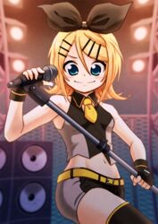  &gt;:) aqua_eyes bare_shoulders black_bow black_star_(module) blonde_hair blurry blurry_background bow commentary depth_of_field female fingerless_gloves gloves hair_ornament hairbow hairclip highres horyuu kagamine_rin kodoku_no_hate_(vocaloid) microphone midriff navel necktie project_diva project_diva_(series) short_hair short_necktie shorts sleeveless_blazer smile solo speaker stage stage_lights thighhighs v-shaped_eyebrows vocaloid yellow_necktie 