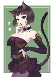  absurdres animal_ear_fluff animal_ears arm_pouch belt blue_eyes bob_cut breasts brown_hair cat_day cat_ears cat_girl cat_tail cleavage collar commentary corset detached_sleeves dress female hand_on_own_hip highres karanashi_mari licking licking_finger looking_at_viewer nail_polish oerba_yun_fang original paw_print short_hair simple_background solo strapless strapless_dress tail tongue twitter_username 