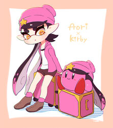  +_+ :o beanie black_hair brown_footwear brown_shorts callie_(splatoon) character_name commentary_request company_connection copy_ability coula_cat crossover female gradient_hair hat hat_ornament highres hood hood_down hooded_jacket inkling jacket kirby kirby_(series) long_hair long_sleeves looking_at_another luggage mole mole_under_eye multicolored_hair nintendo open_clothes open_jacket open_mouth orange_eyes photoshop_(medium) pink_hair pink_headwear pink_jacket pointy_ears rolling_suitcase shirt shoes shorts splatoon_(series) splatoon_2 star_(symbol) suitcase symbol-shaped_pupils tentacle_hair two-tone_hair very_long_hair white_shirt 