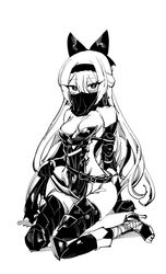  blush bow breasts commentary_request elbow_gloves female girls&#039;_frontline gloves greyscale hairbow high_heels highres kinbakuman korean_commentary loincloth loincloth_lift long_hair looking_at_viewer monochrome mouth_veil sitting small_breasts solo thighhighs tokarev_(girls&#039;_frontline) tokarev_(griffin&#039;s_dancer)_(girls&#039;_frontline) veil wariza white_background 