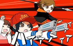  2boys amada_ken baseball_cap black_hair brown_eyes brown_hair cheering commentary_request doujima_nanako dress dual_wielding female hat hatomugi_gohan holding hood hoodie jacket letterman_jacket multiple_boys oda_shinya parody persona persona_3 persona_4 persona_5 persona_q2:_new_cinema_labyrinth persona_q_(series) polearm short_hair spear weapon 